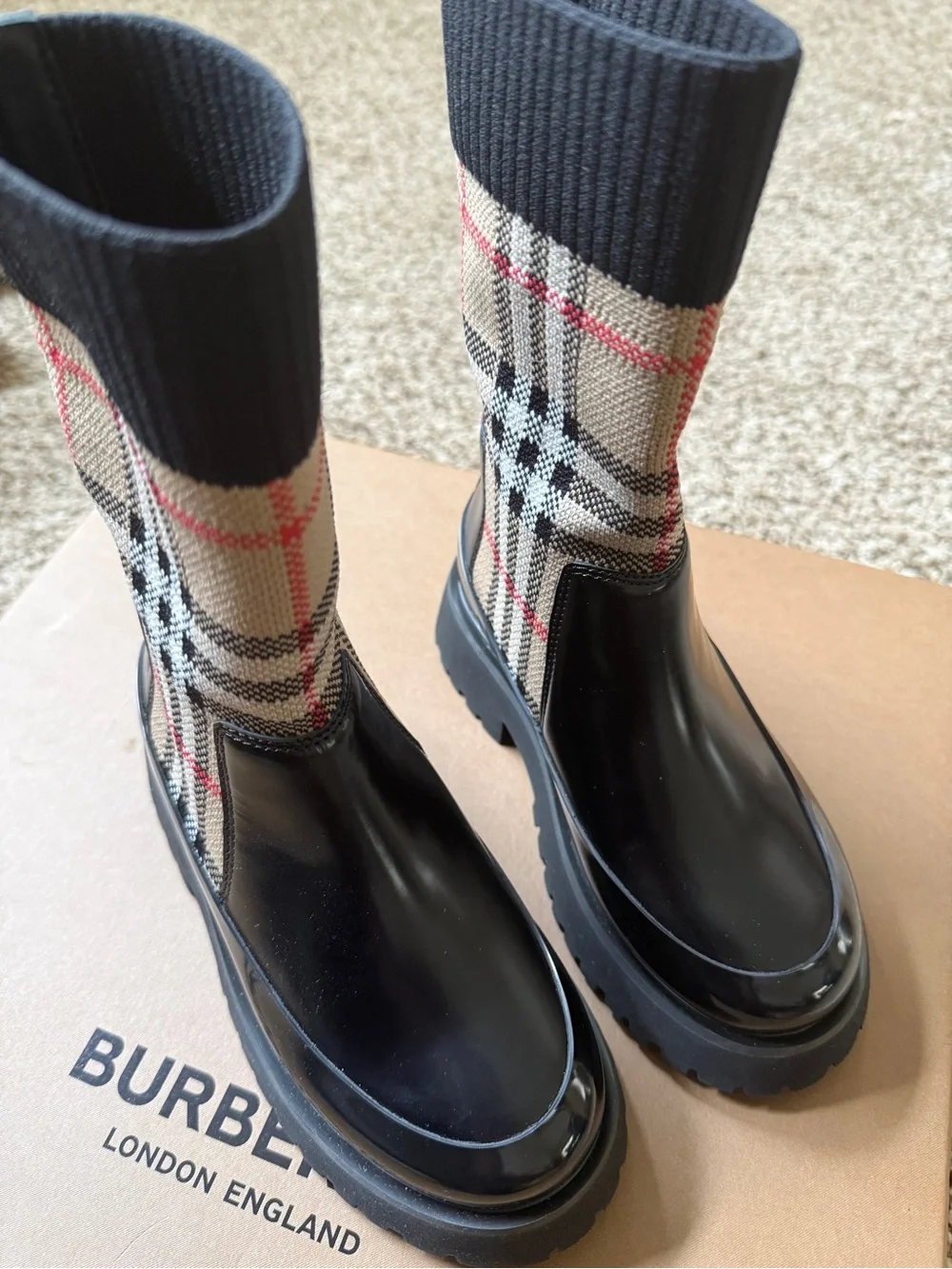Burberry Black Gloss Rubber Chelsea Boots with Beige Plaid Knit Shaft